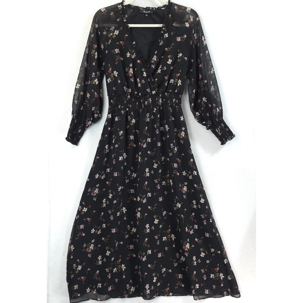 Madewell Midi Dress Floral Smocked Waist Black Womens Small Cottagecore Boho